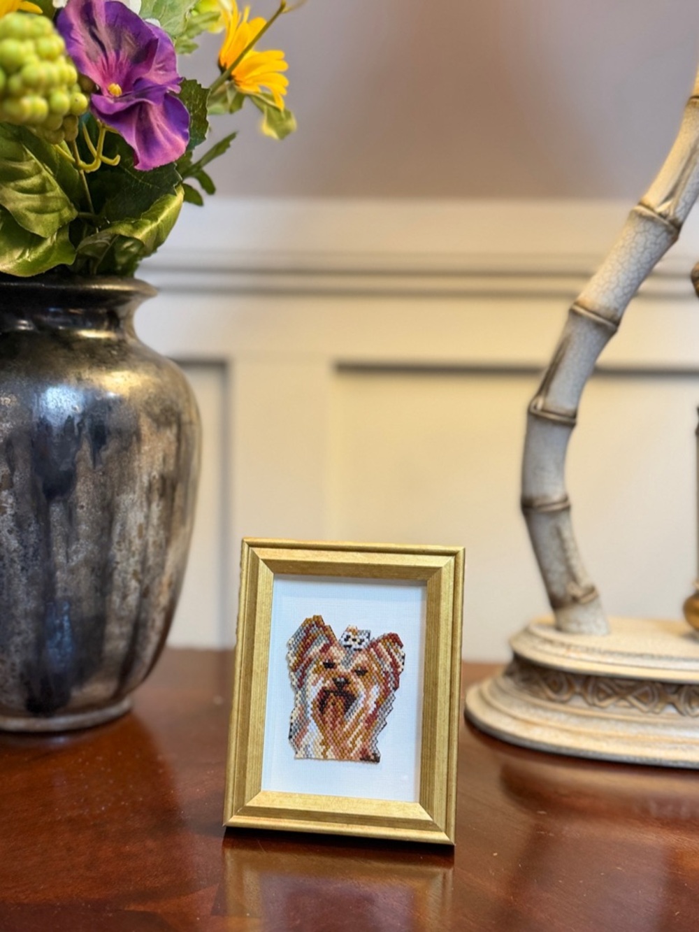 Framed Beaded Yorkie Art – Handmade Mini Dog Portrait - Picture 4 of 4